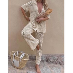 Cream Boho Crochet Knit 2 Piece Beach Lounge Set